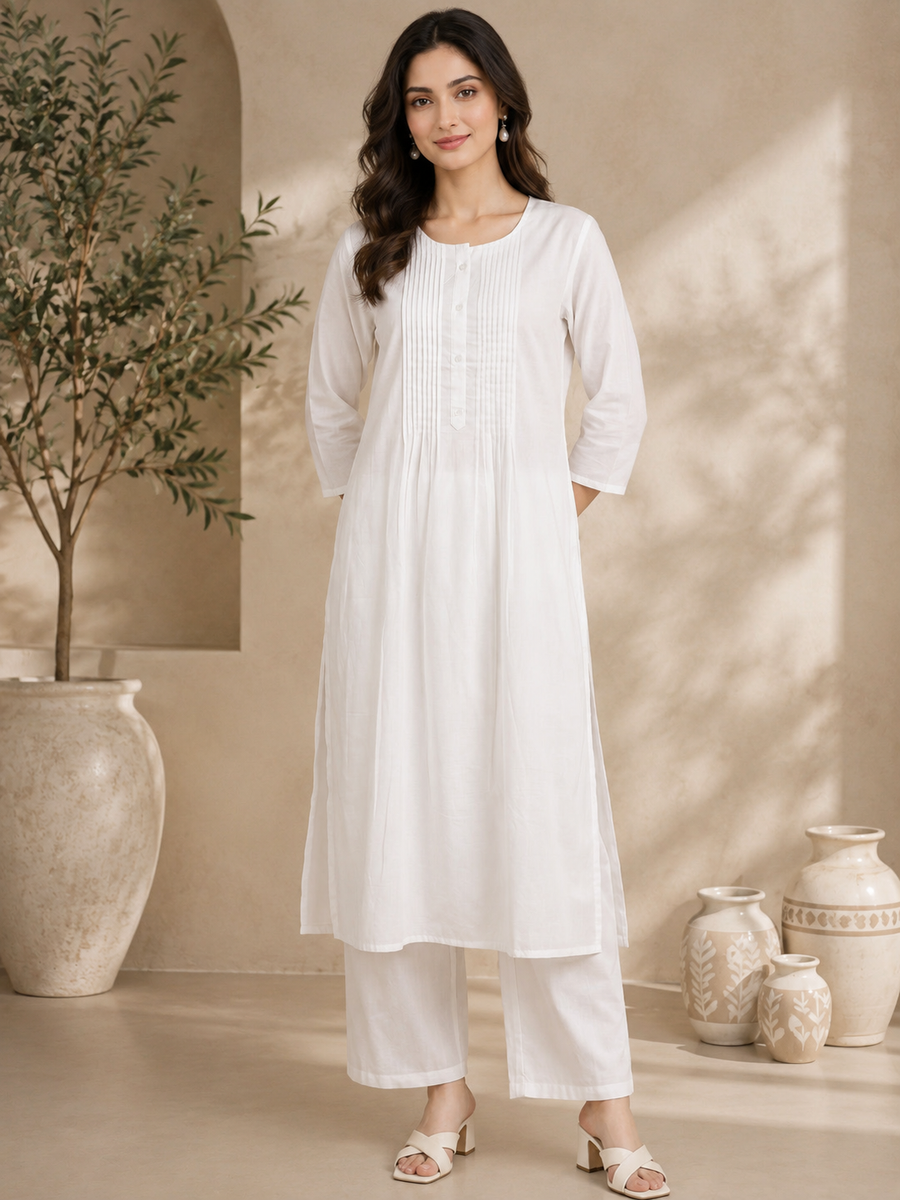 Rajputana Camisa White Cotton Embroidered Kurta Pant Dupatta Set