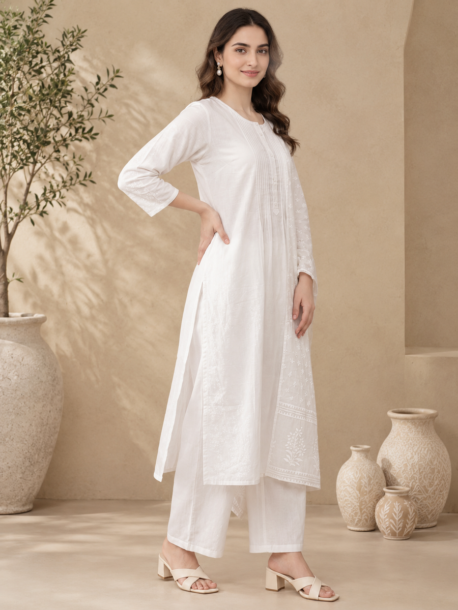 Rajputana Camisa White Cotton Embroidered Kurta Pant Dupatta Set
