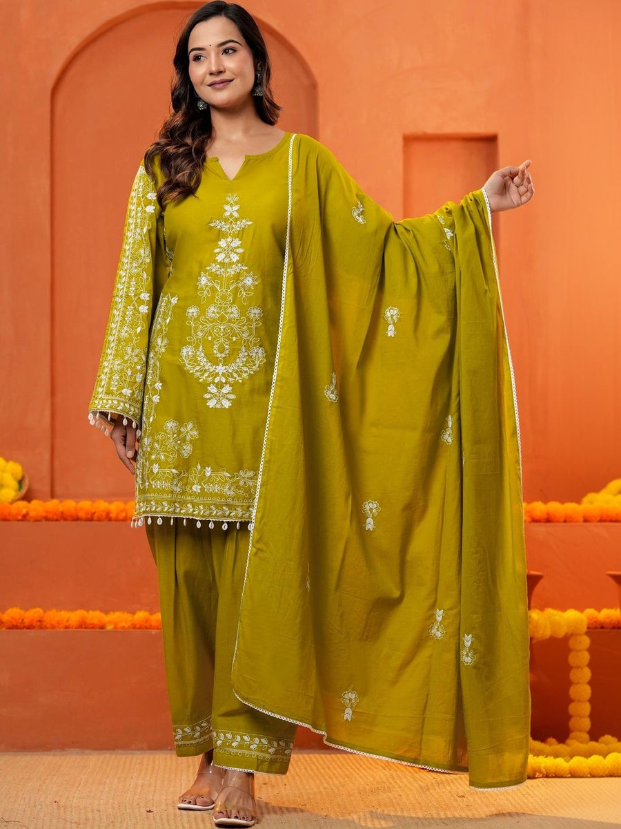 Green and white embroidered kurta set with trousers and dupatta, front view