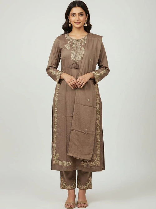 Rajputana Camisa Embroidered Thread Work Pure Cotton Kurta Set Brown