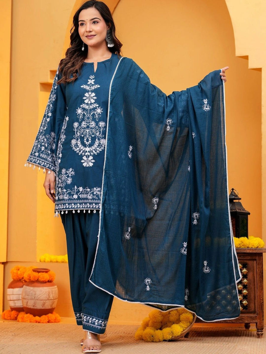 Blue embroidered kurta set with trousers and dupatta, front view