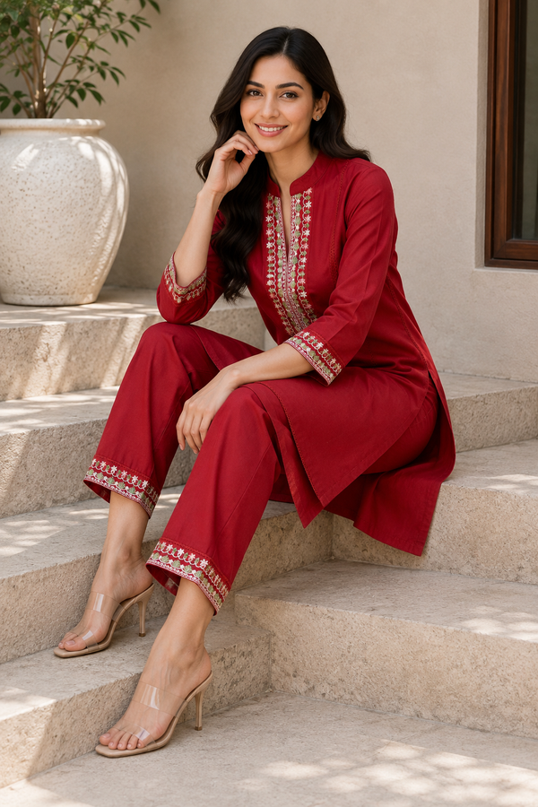 Red embroidered kurta set - front standing