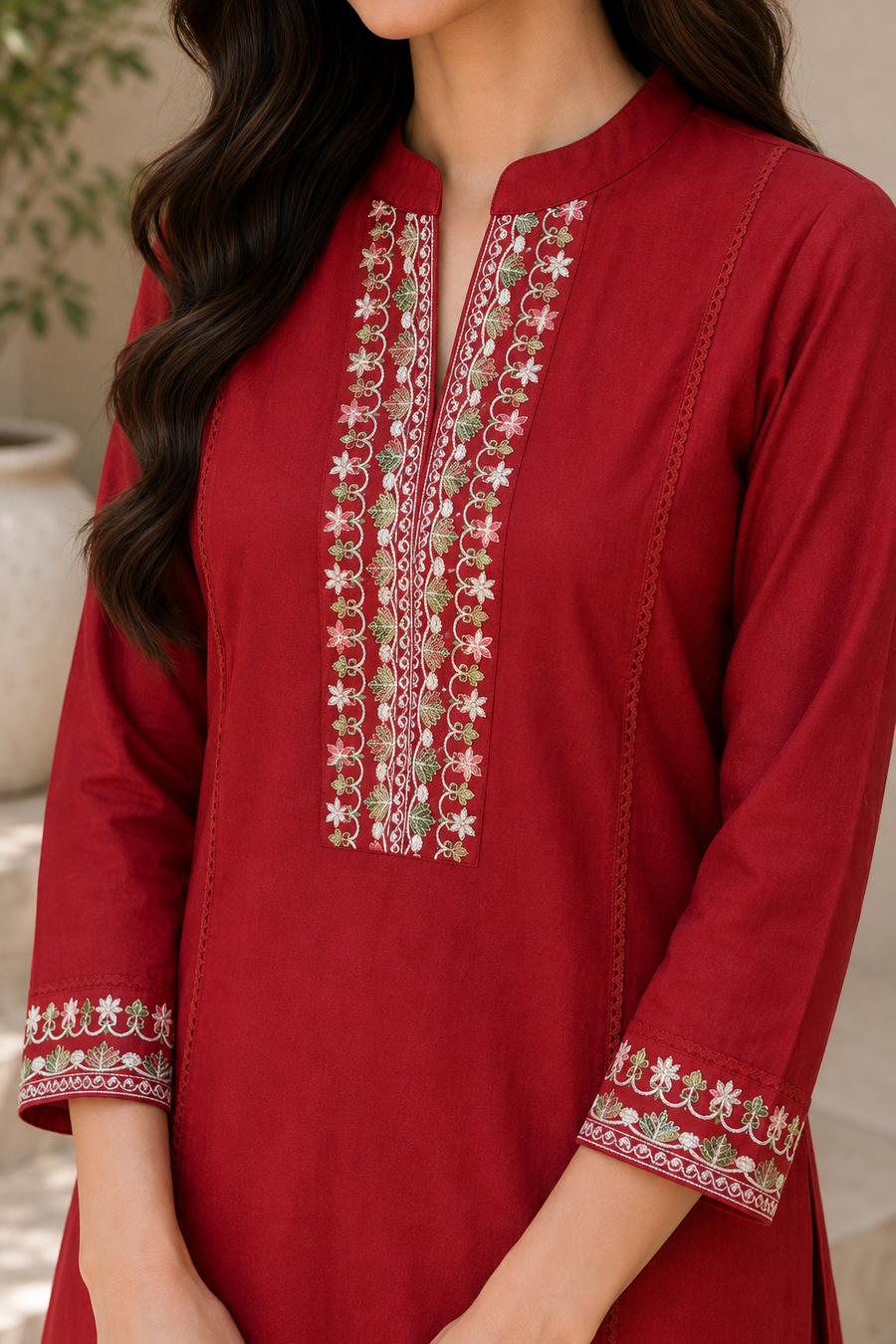 Red embroidered kurta - neckline detail