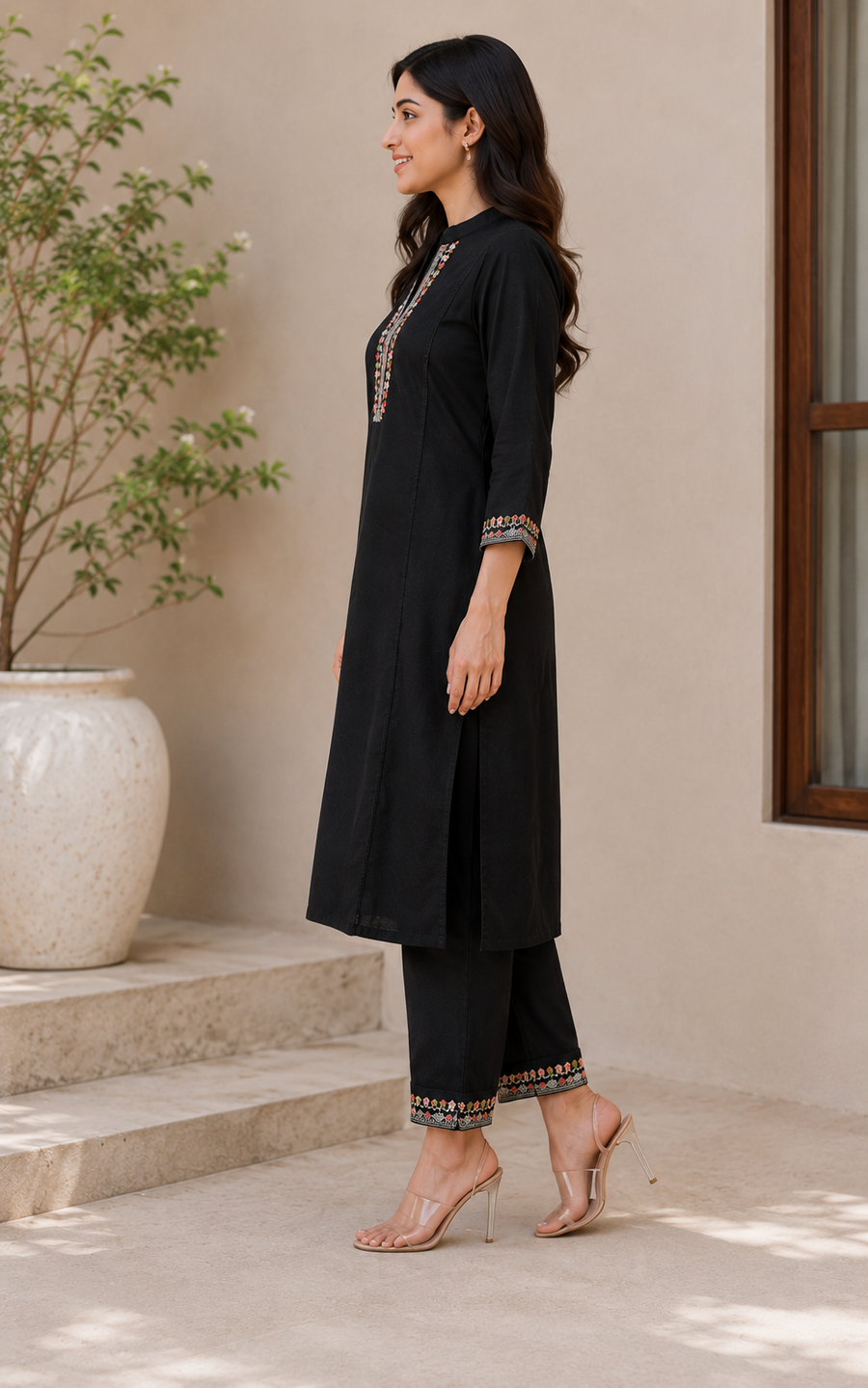Black embroidered kurta set - side view
