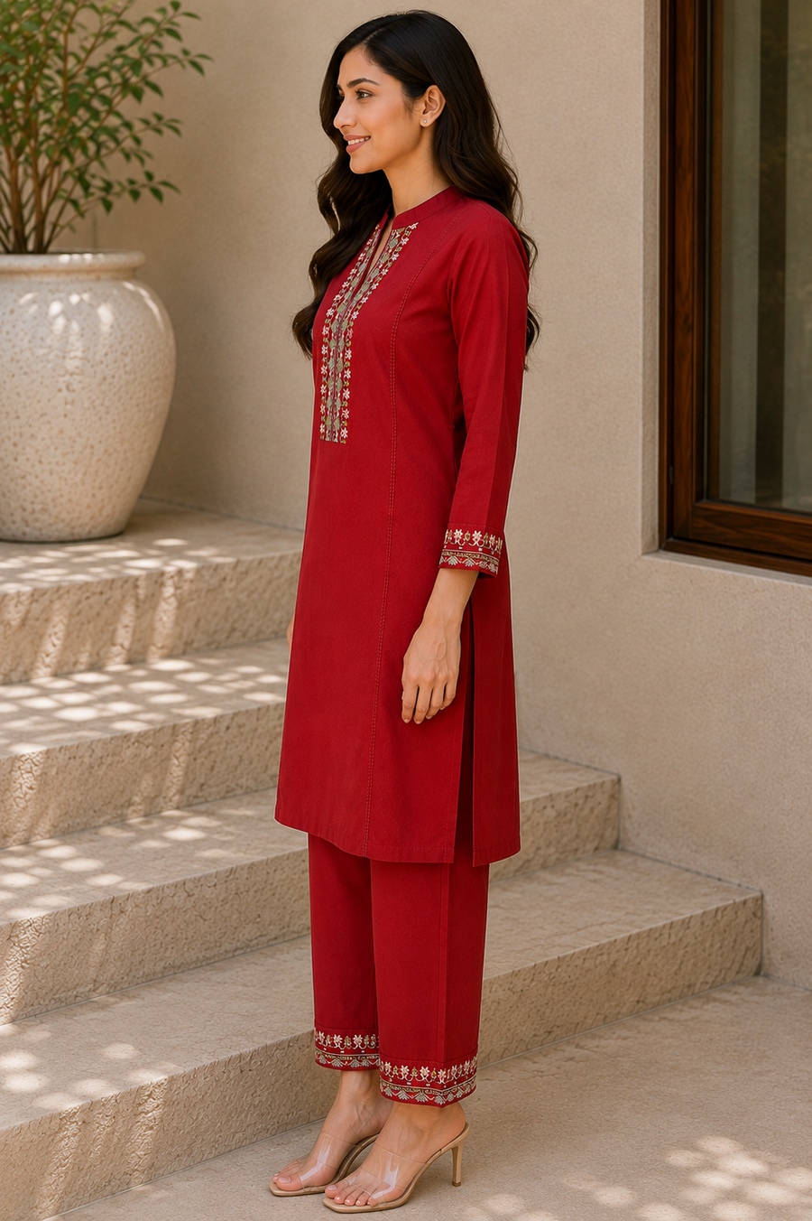 Red embroidered kurta set - side view