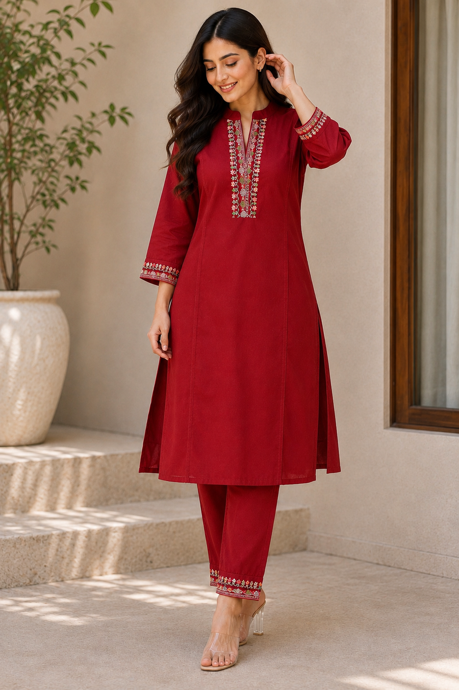 Red embroidered kurta set - close up walking