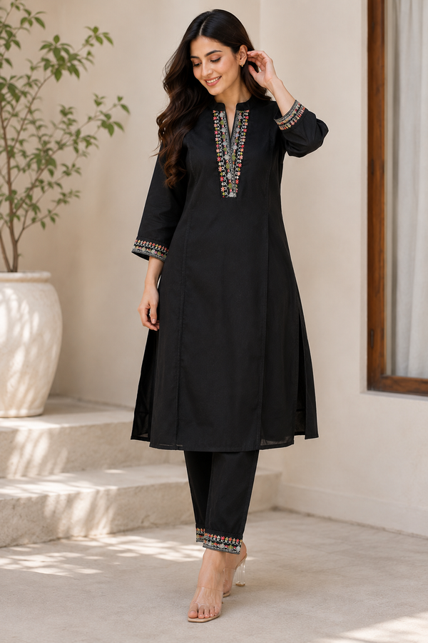 Black embroidered kurta set - front standing