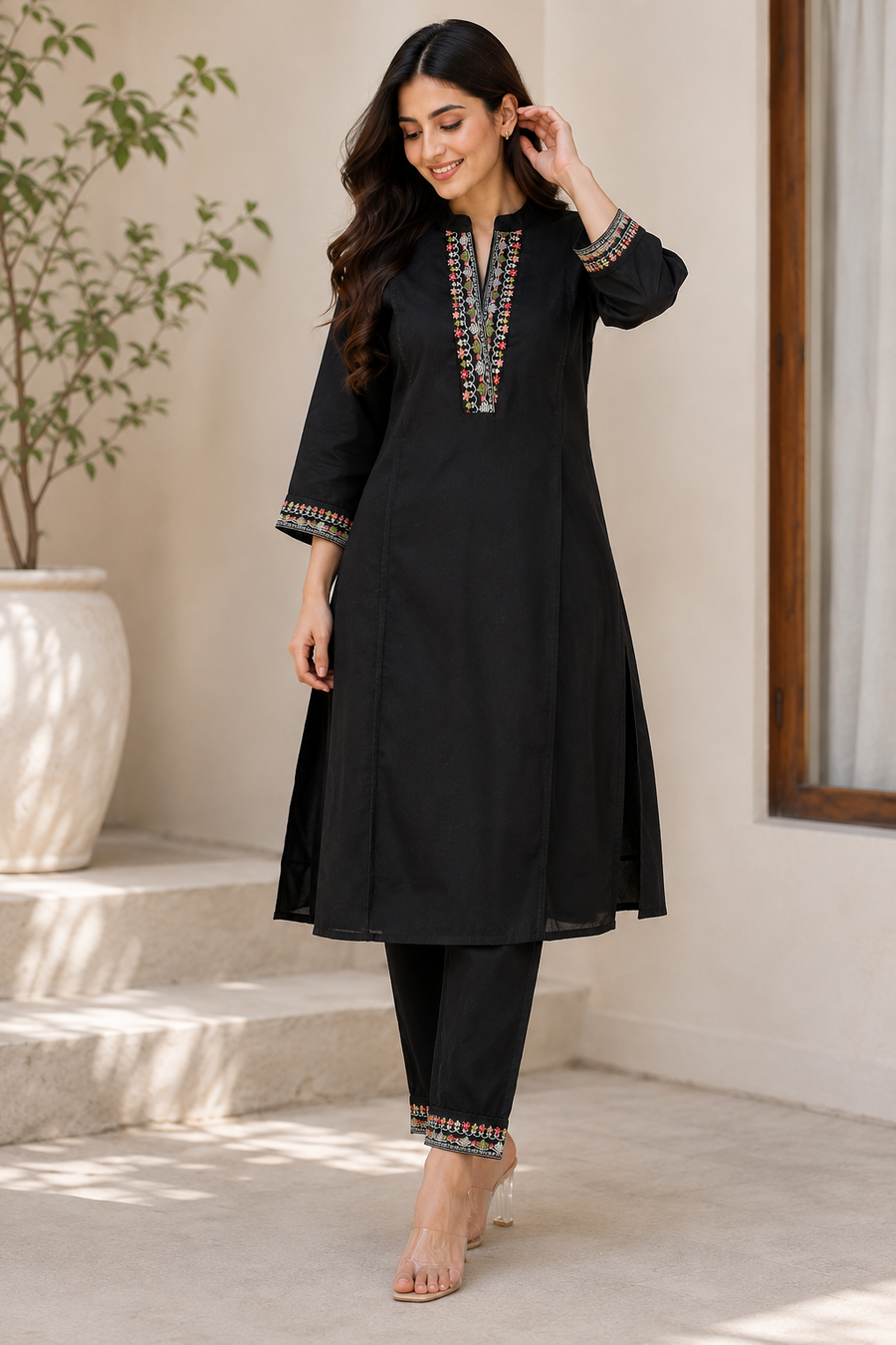 Black embroidered kurta set - front standing