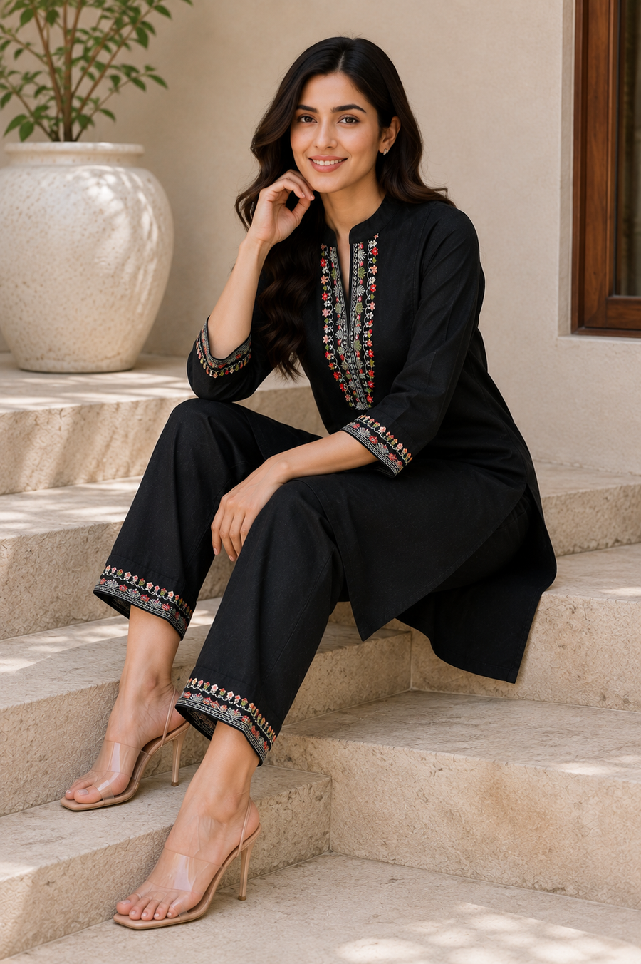 Black embroidered kurta set - sitting on steps