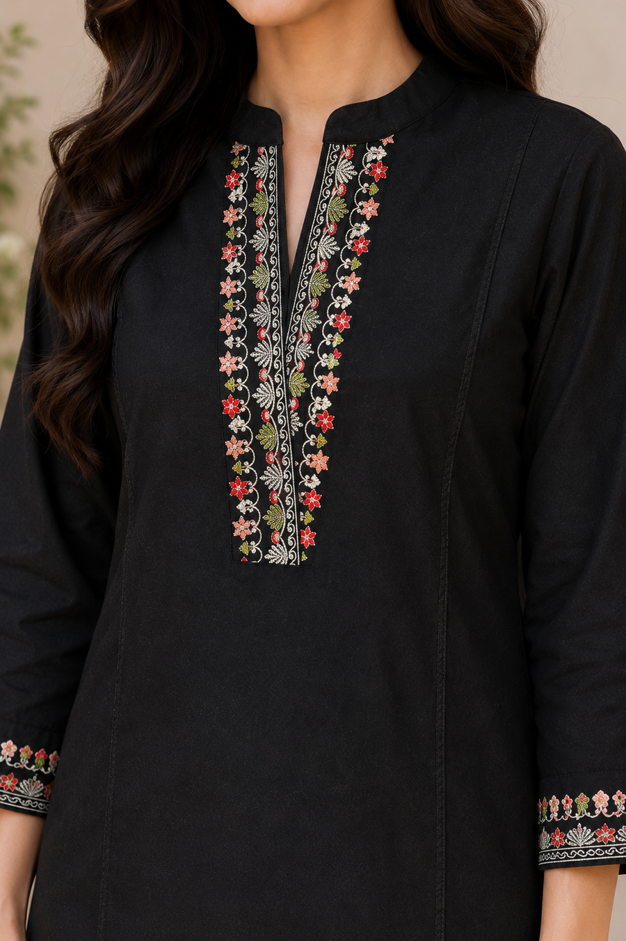 Black embroidered kurta - neckline detail