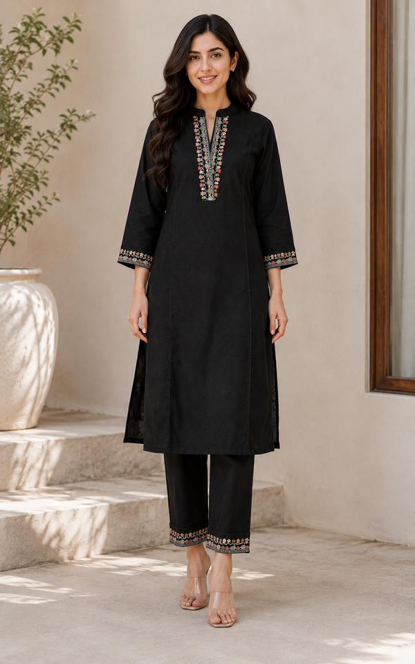 Black embroidered kurta set - front full look