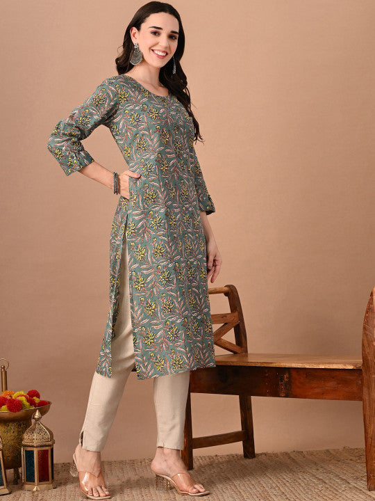 RAJPUTANA CAMISA Floral Printed Round Neck Cotton Straight Kurta – photo 3
