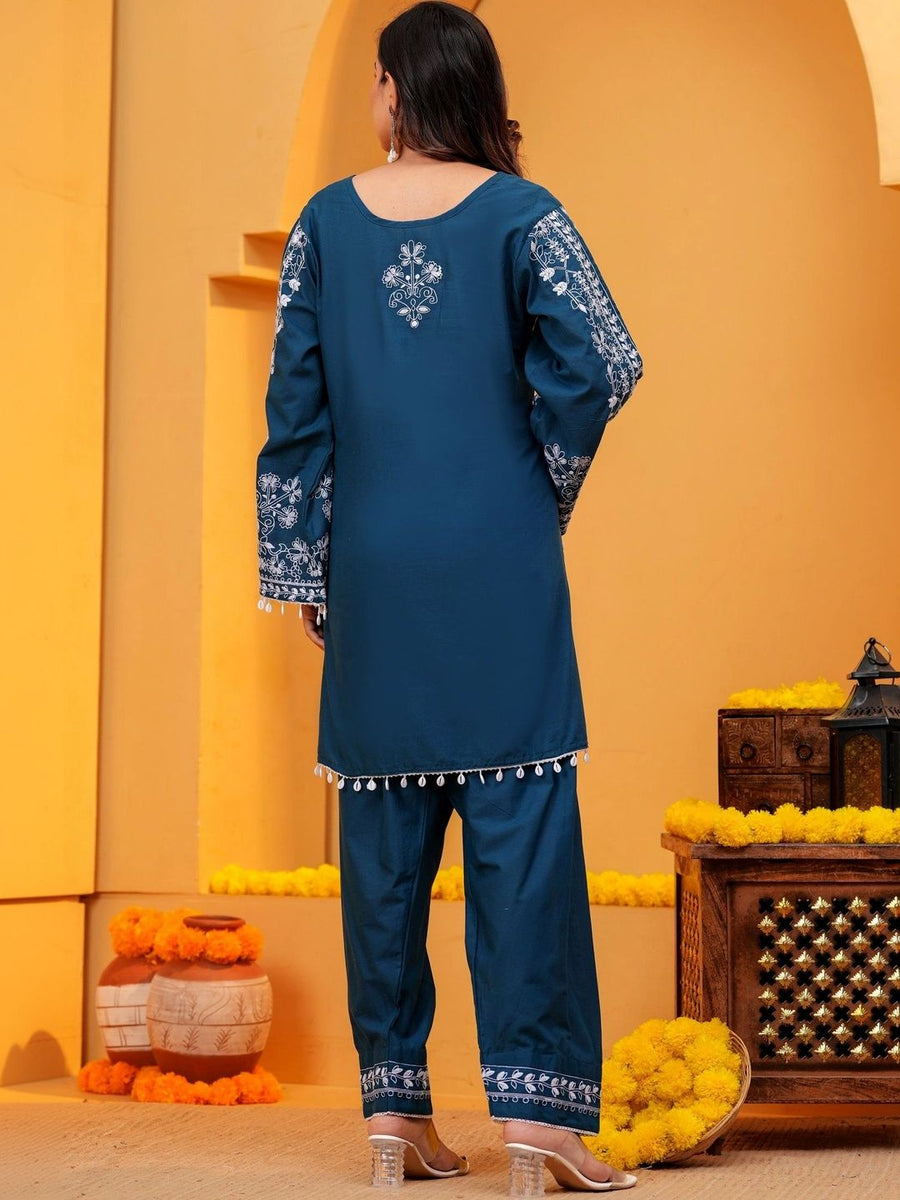 Blue embroidered kurta set, side view