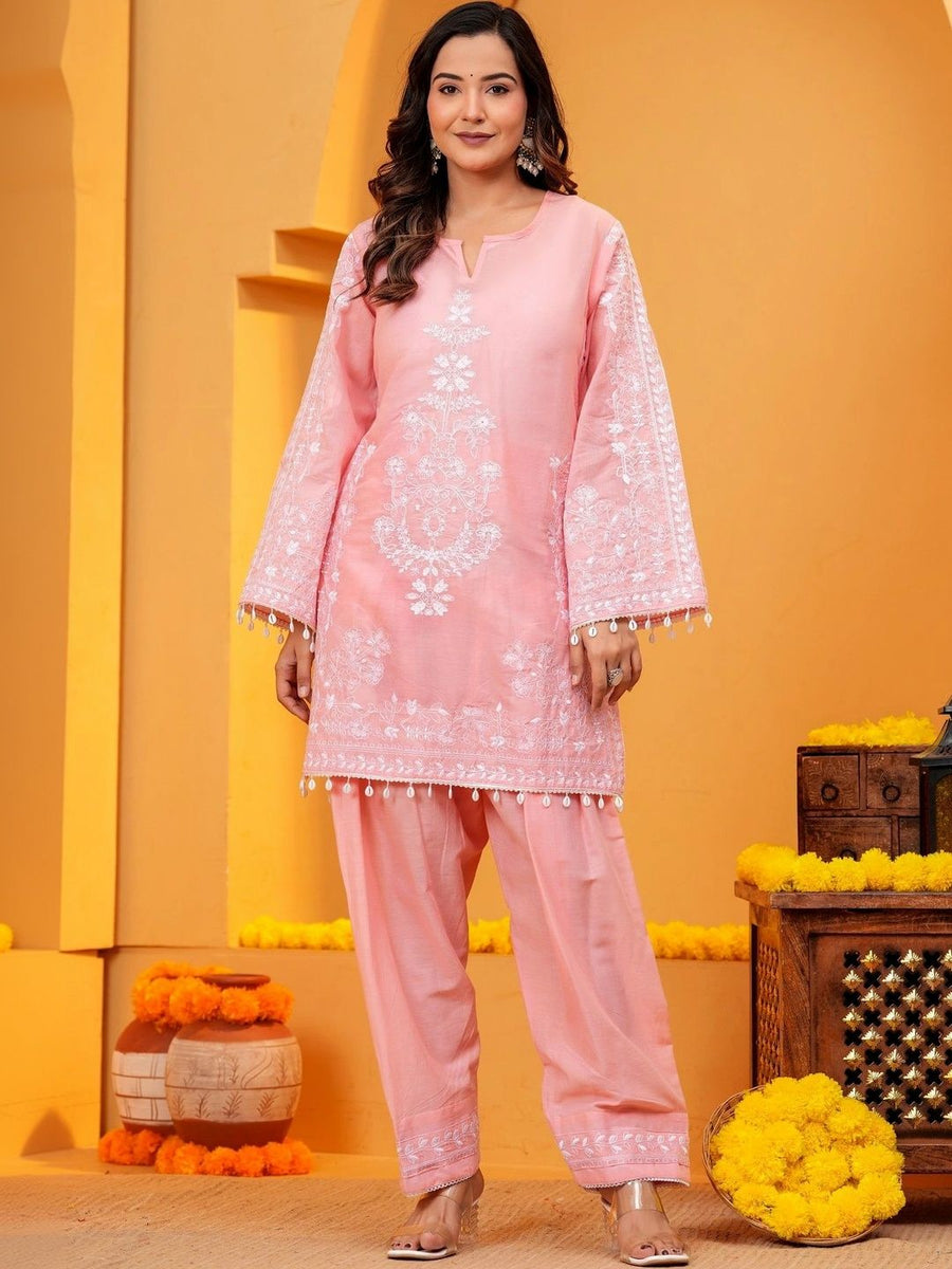Peach embroidered kurta set, side view