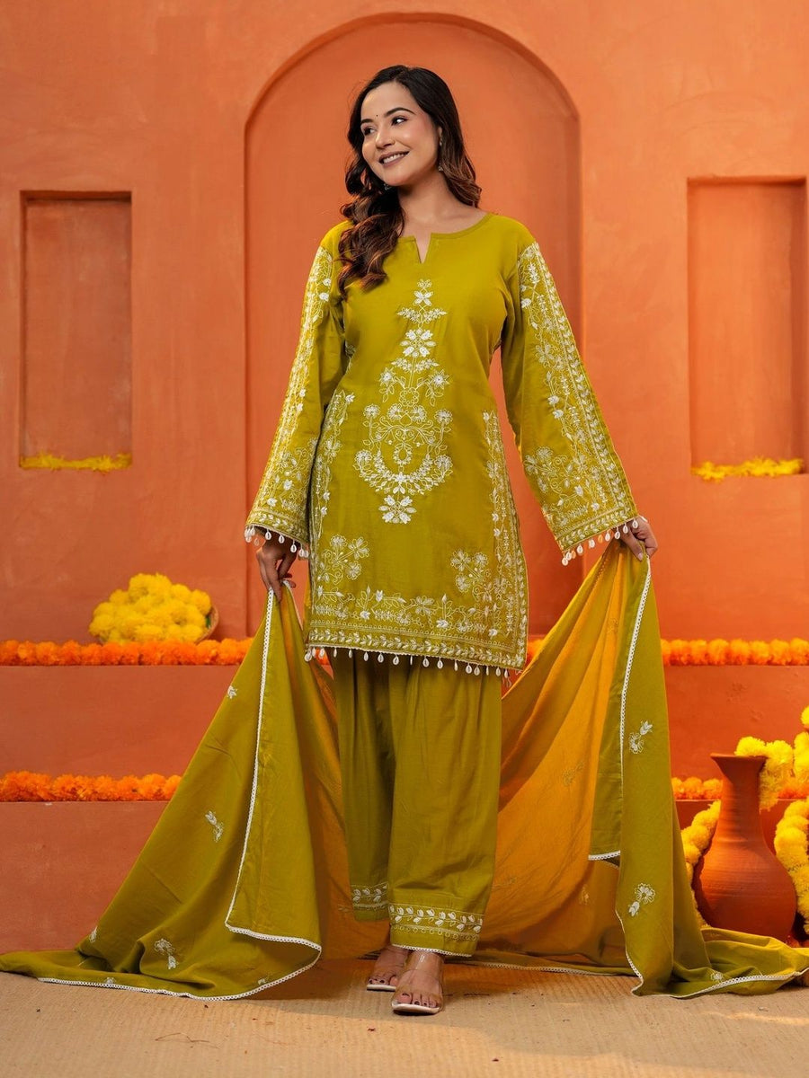 Green embroidered kurta set, back view