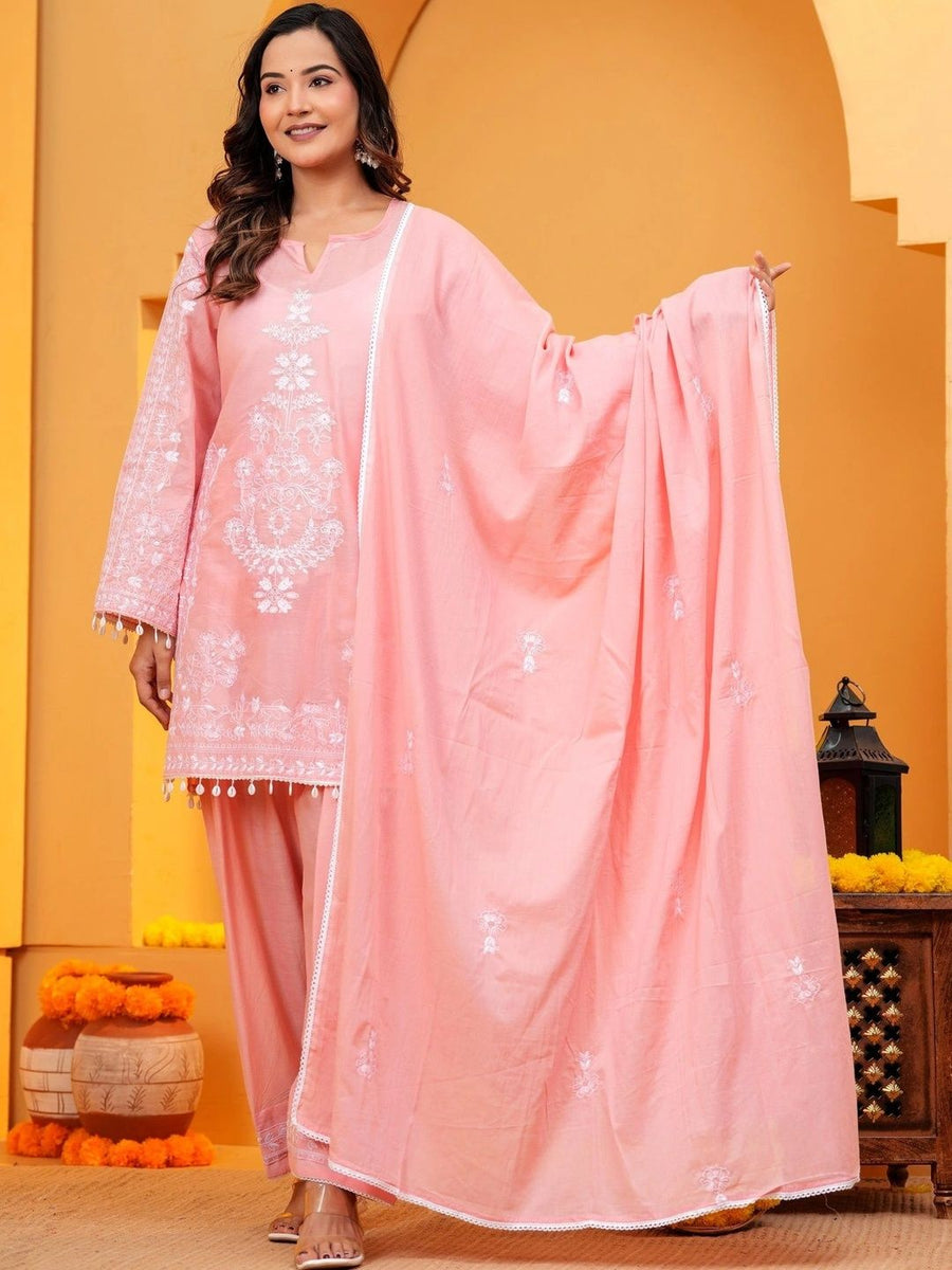 Peach pink embroidered kurta set with trousers and dupatta, front view