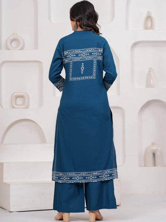Rajputana Camisa Ethnic Motifs Printed Pure Cotton Kurta Set Blue – photo 3