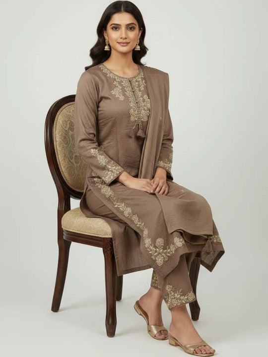 Rajputana Camisa Embroidered Thread Work Pure Cotton Kurta Set Brown