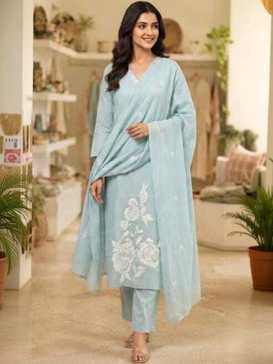 RAJPUTANA CAMISA Women Floral Embroidered Thread Work Chanderi Cotton Kurta with Trousers & Dupatta