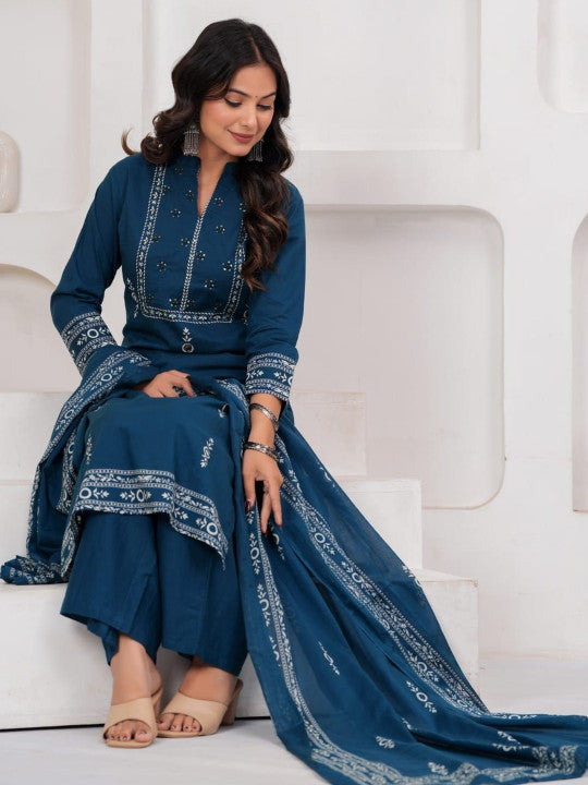 Rajputana Camisa Ethnic Motifs Printed Pure Cotton Kurta Set Blue – photo 4