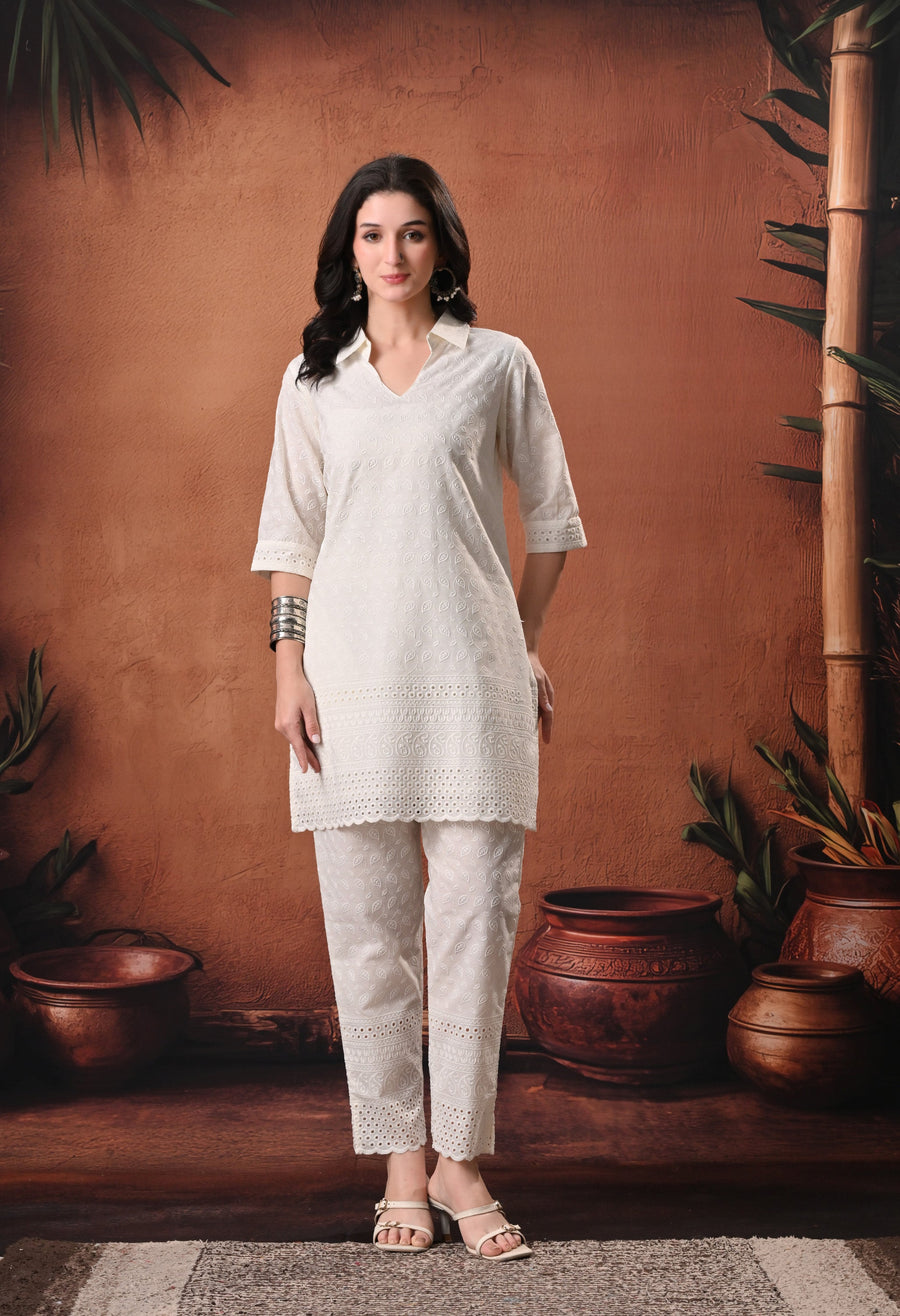 RAJPUTANA CAMISA Chikankari Embroidered Cotton Kurta With Trouser - Ivory
