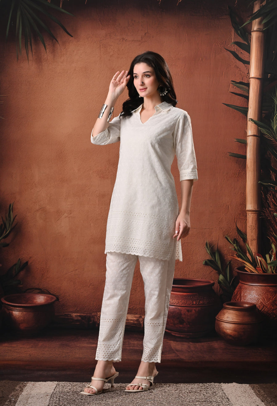 RAJPUTANA CAMISA Chikankari Embroidered Cotton Kurta With Trouser - Ivory