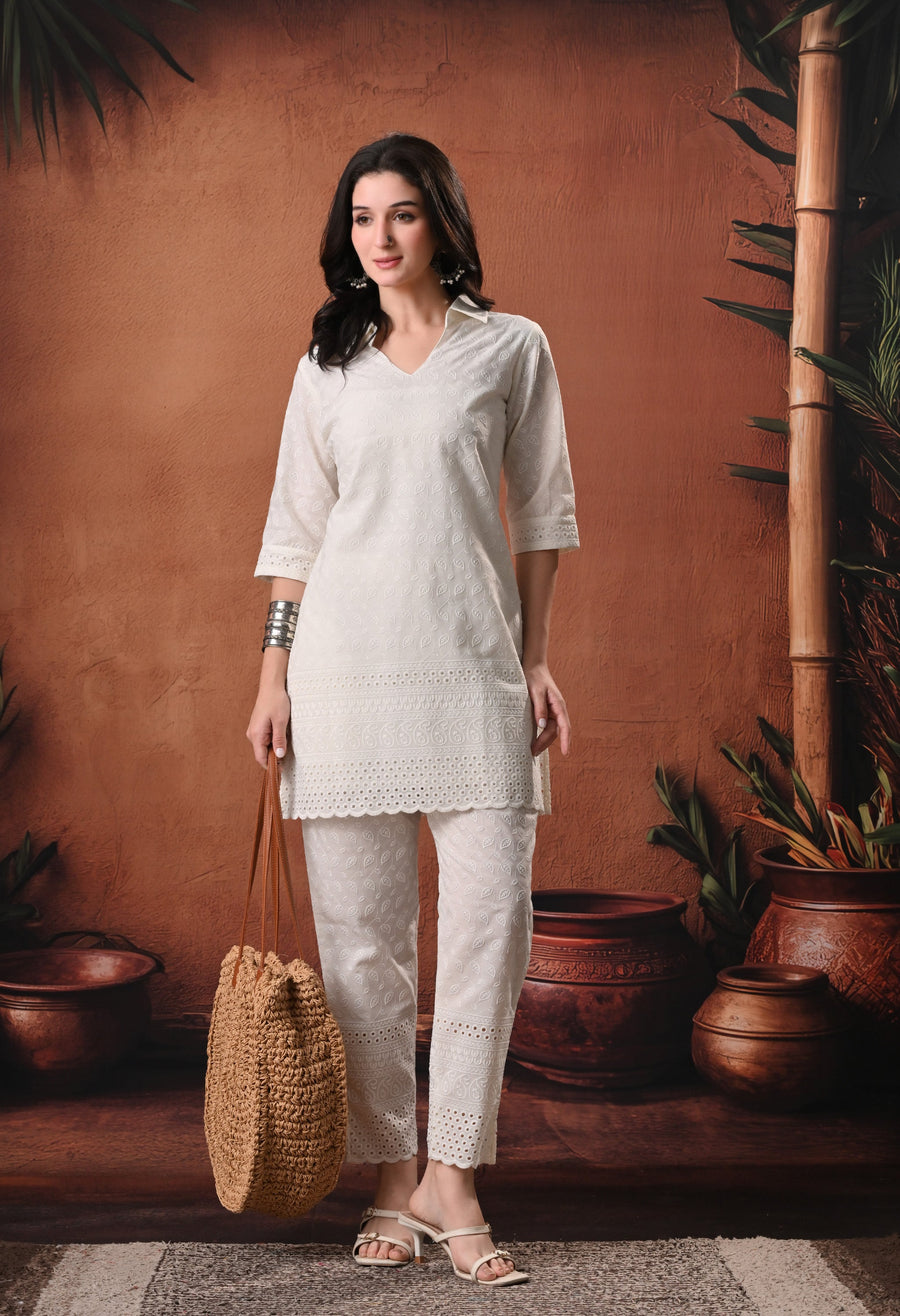 RAJPUTANA CAMISA Chikankari Embroidered Cotton Kurta With Trouser - Ivory
