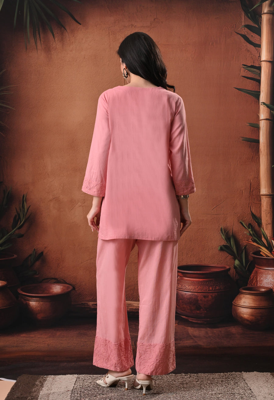 RAJPUTANA CAMISA Embroidered Cotton Kurti With Trouser - Pink