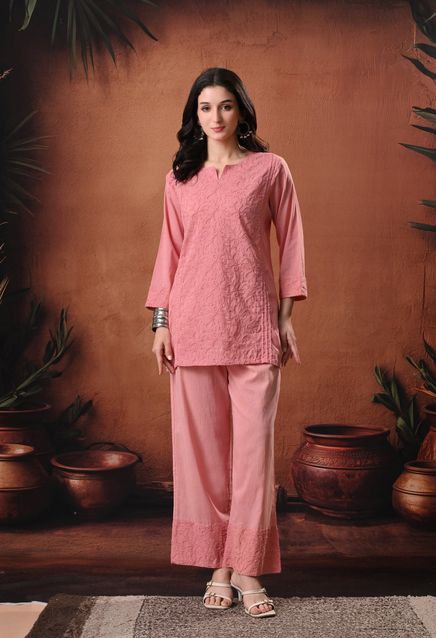 RAJPUTANA CAMISA Embroidered Cotton Kurti With Trouser - Pink