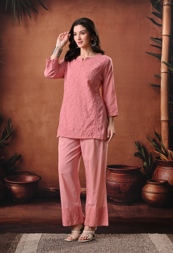 RAJPUTANA CAMISA Embroidered Cotton Kurti With Trouser - Pink