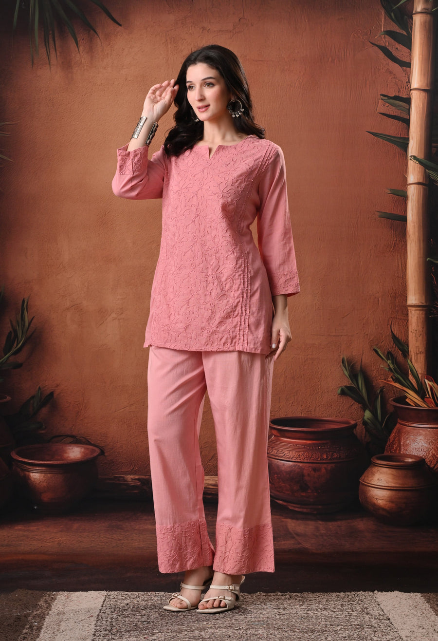 RAJPUTANA CAMISA Embroidered Cotton Kurti With Trouser - Pink