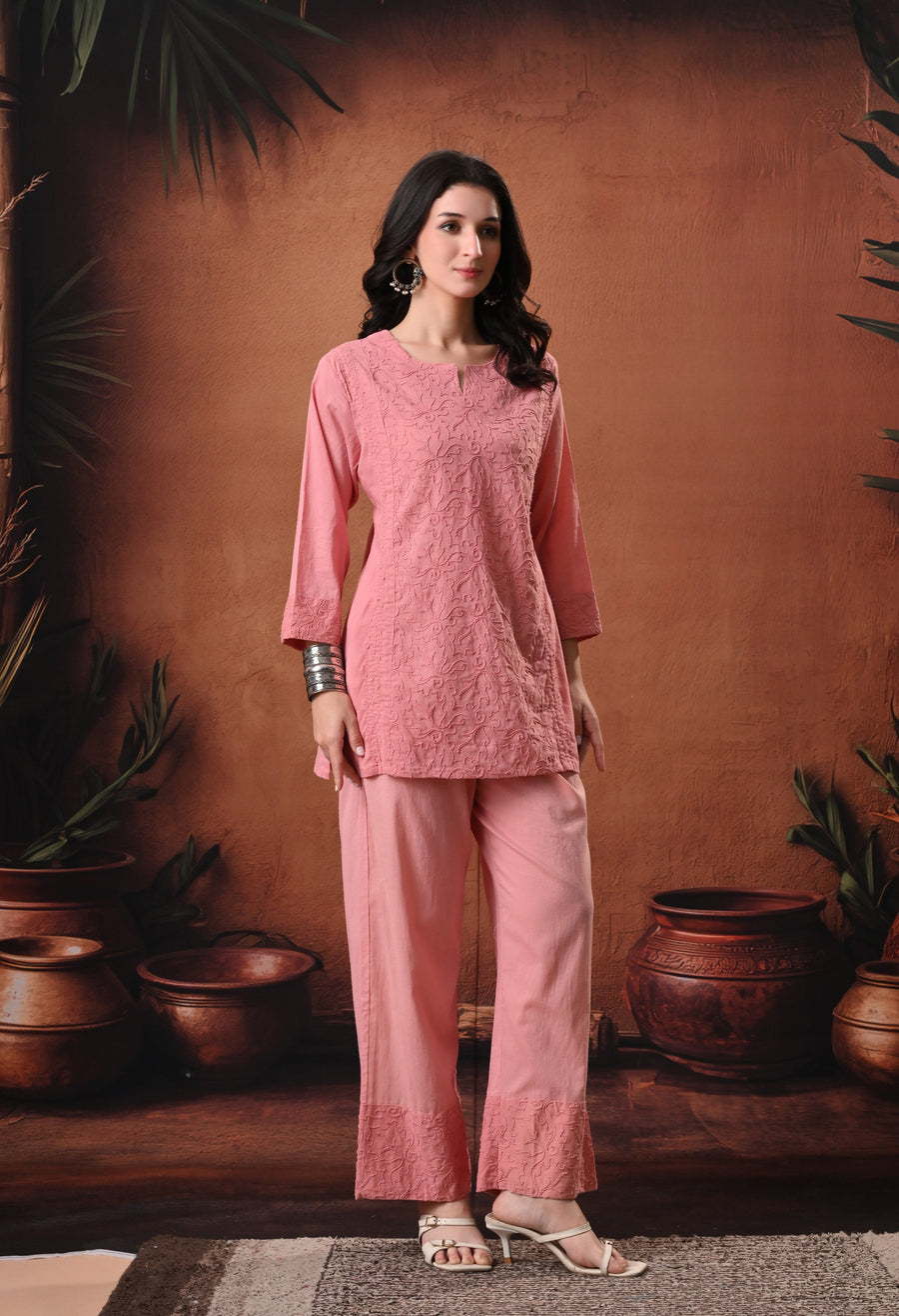 RAJPUTANA CAMISA Embroidered Cotton Kurti With Trouser - Pink