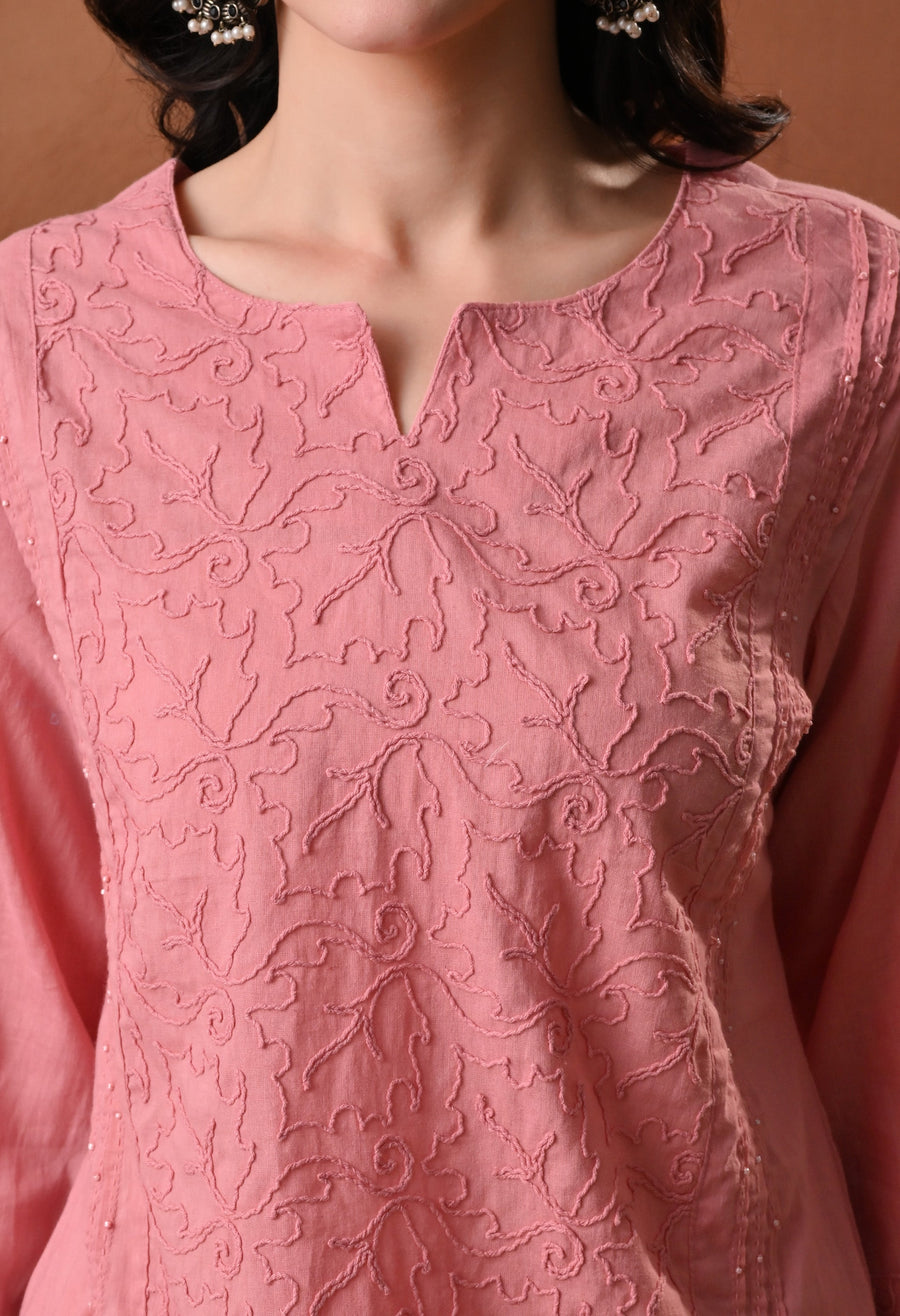 RAJPUTANA CAMISA Embroidered Cotton Kurti With Trouser - Pink