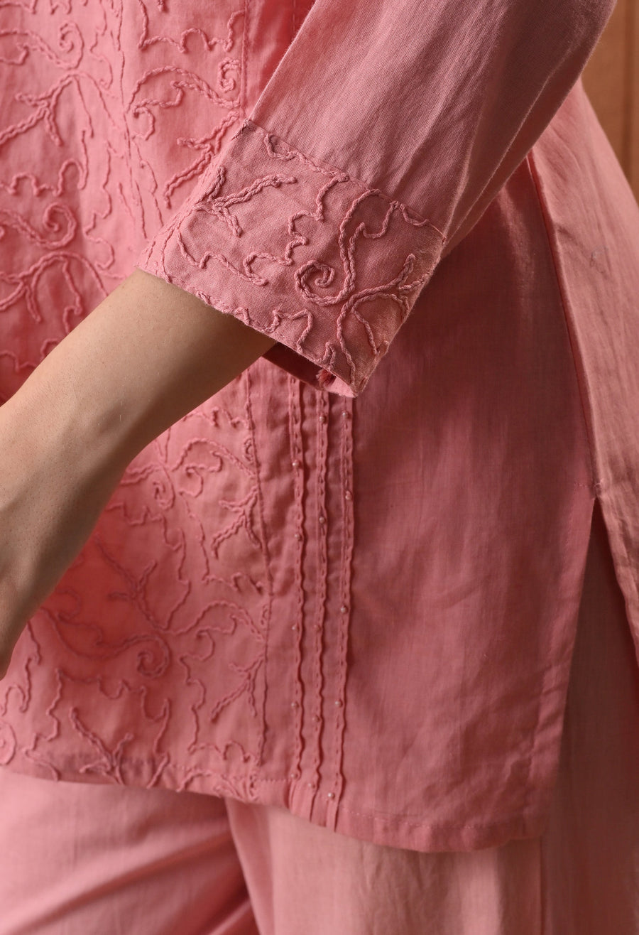 RAJPUTANA CAMISA Embroidered Cotton Kurti With Trouser - Pink