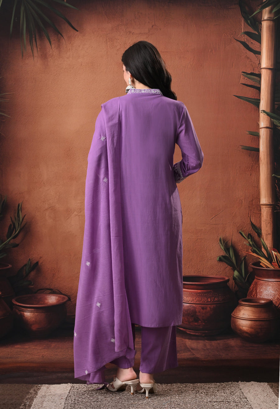 RAJPUTANA CAMISA Embroidered Cotton Kurta With Trouser And Dupatta - Purple