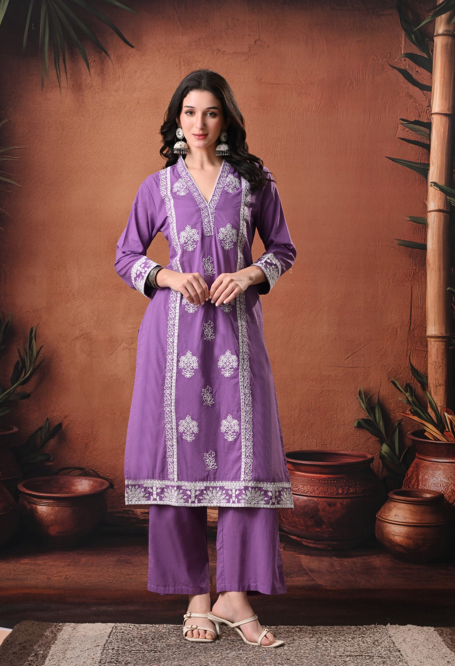 RAJPUTANA CAMISA Embroidered Cotton Kurta With Trouser And Dupatta - Purple