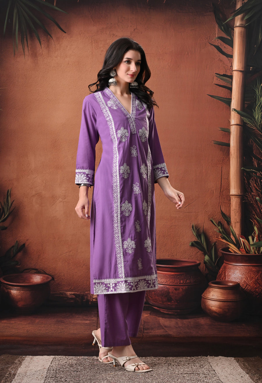 RAJPUTANA CAMISA Embroidered Cotton Kurta With Trouser And Dupatta - Purple
