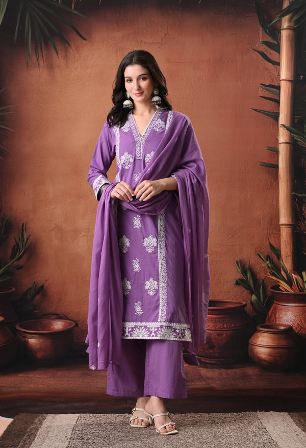 RAJPUTANA CAMISA Embroidered Cotton Kurta With Trouser And Dupatta - Purple