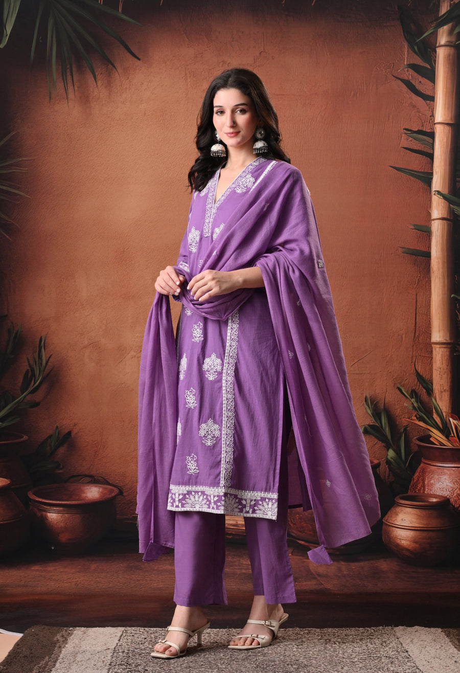 RAJPUTANA CAMISA Embroidered Cotton Kurta With Trouser And Dupatta - Purple