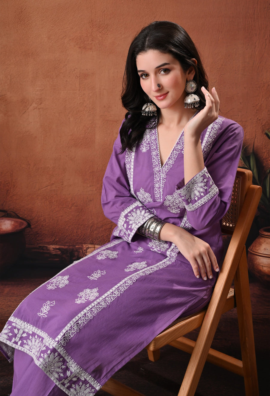 RAJPUTANA CAMISA Embroidered Cotton Kurta With Trouser And Dupatta - Purple