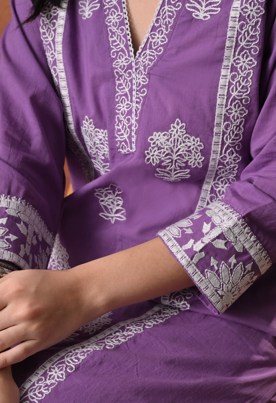 RAJPUTANA CAMISA Embroidered Cotton Kurta With Trouser And Dupatta - Purple