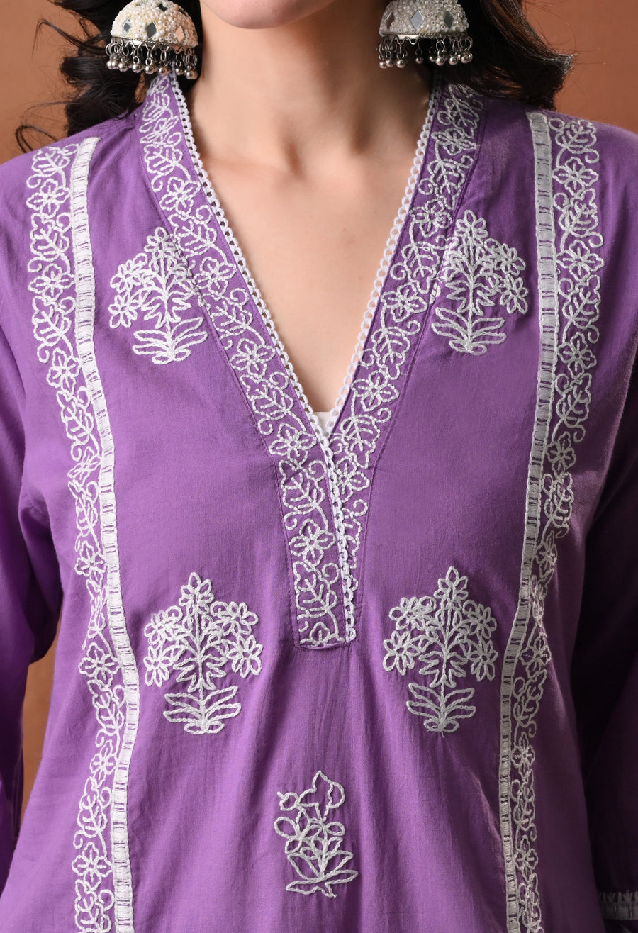 RAJPUTANA CAMISA Embroidered Cotton Kurta With Trouser And Dupatta - Purple