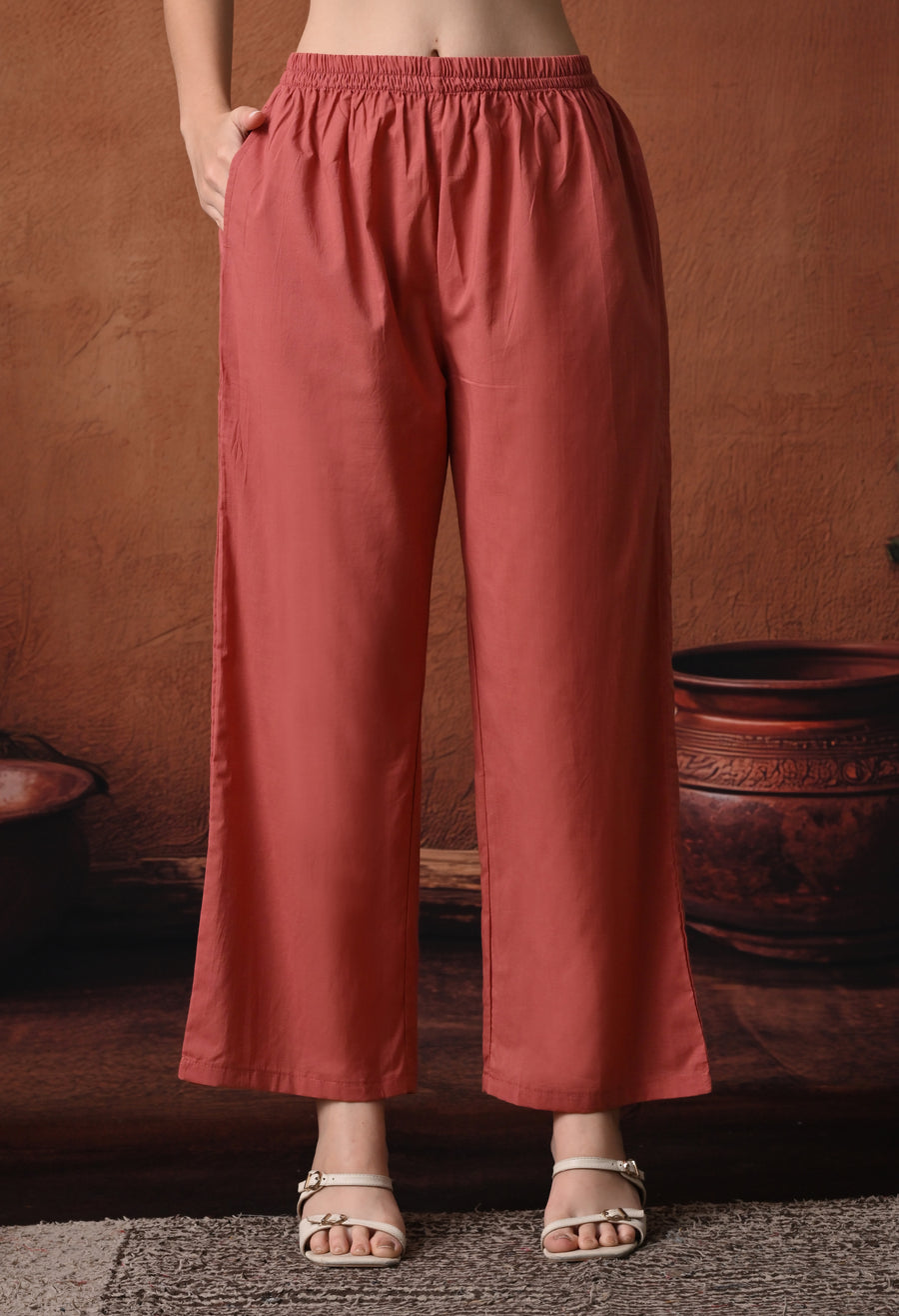 Rajputana Camisa rust embroidered cotton kurta with trouser and dupatta - front