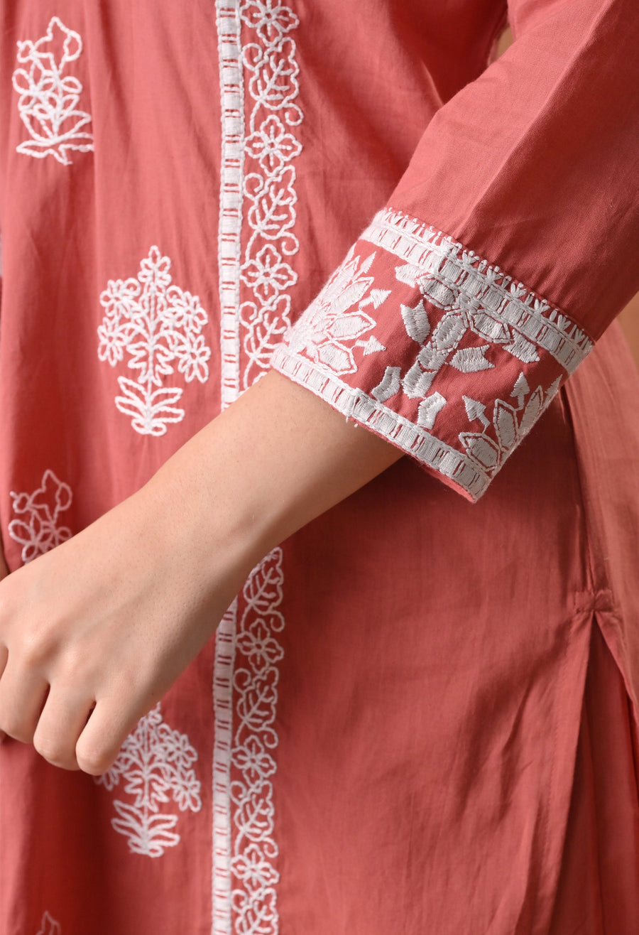 RAJPUTANA CAMISA Embroidered Cotton Kurta With Trouser And Dupatta - Rust