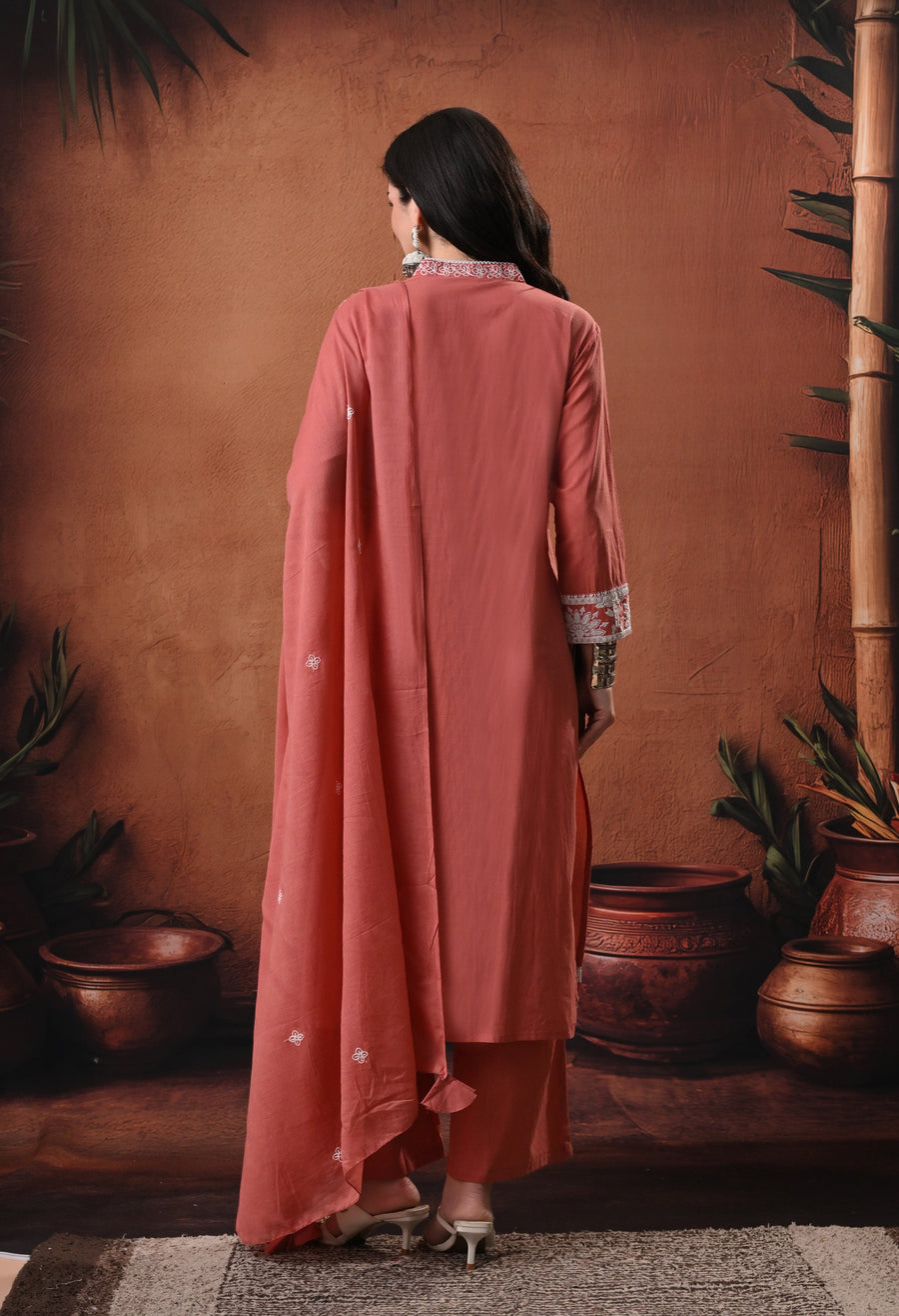 RAJPUTANA CAMISA Embroidered Cotton Kurta With Trouser And Dupatta - Rust