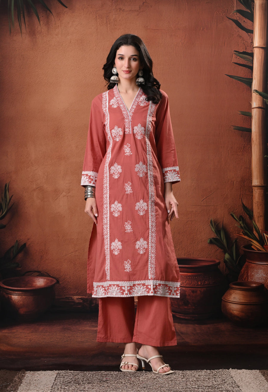 RAJPUTANA CAMISA Embroidered Cotton Kurta With Trouser And Dupatta - Rust