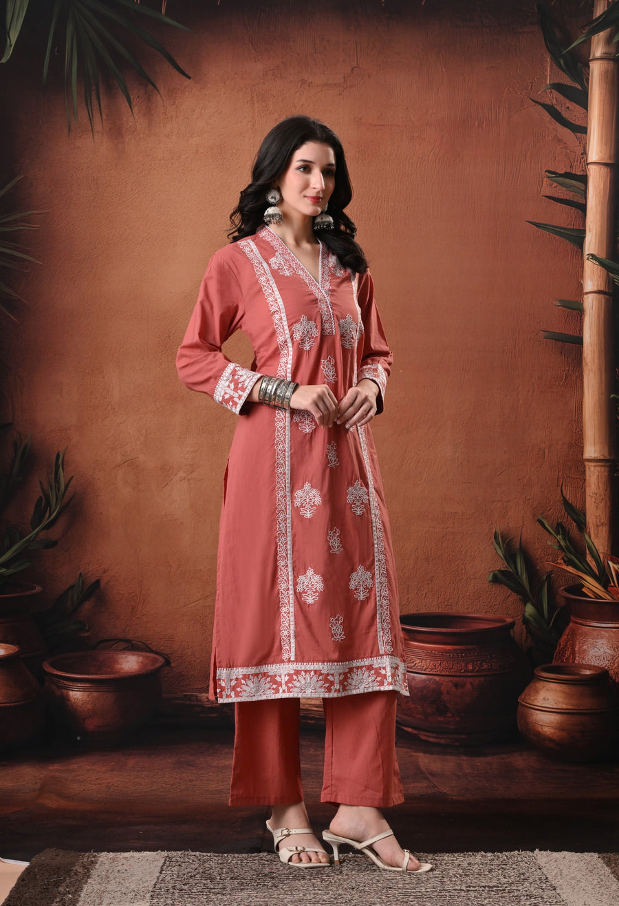 RAJPUTANA CAMISA Embroidered Cotton Kurta With Trouser And Dupatta - Rust