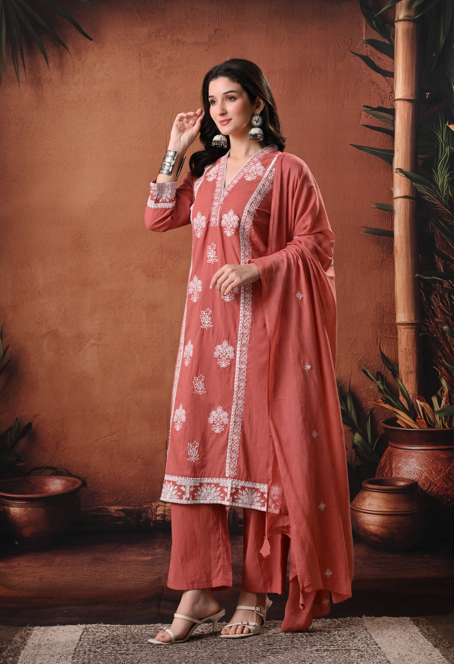 RAJPUTANA CAMISA Embroidered Cotton Kurta With Trouser And Dupatta - Rust