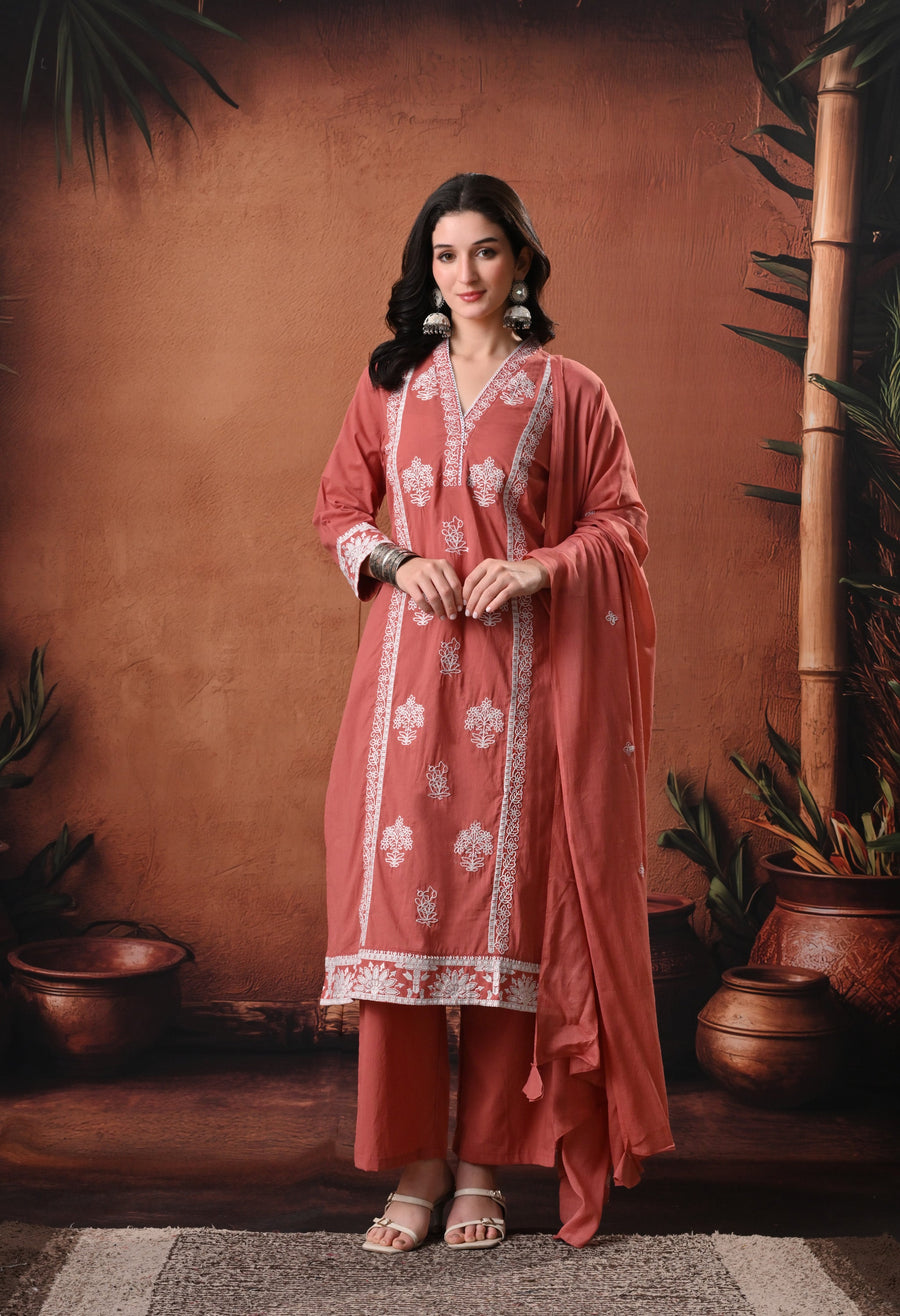 RAJPUTANA CAMISA Embroidered Cotton Kurta With Trouser And Dupatta - Rust