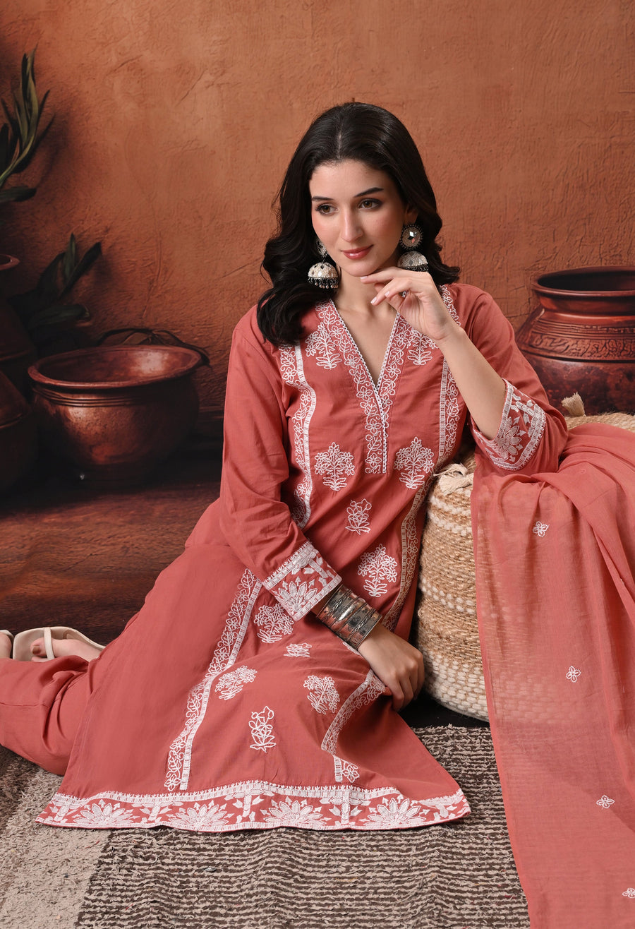RAJPUTANA CAMISA Embroidered Cotton Kurta With Trouser And Dupatta - Rust